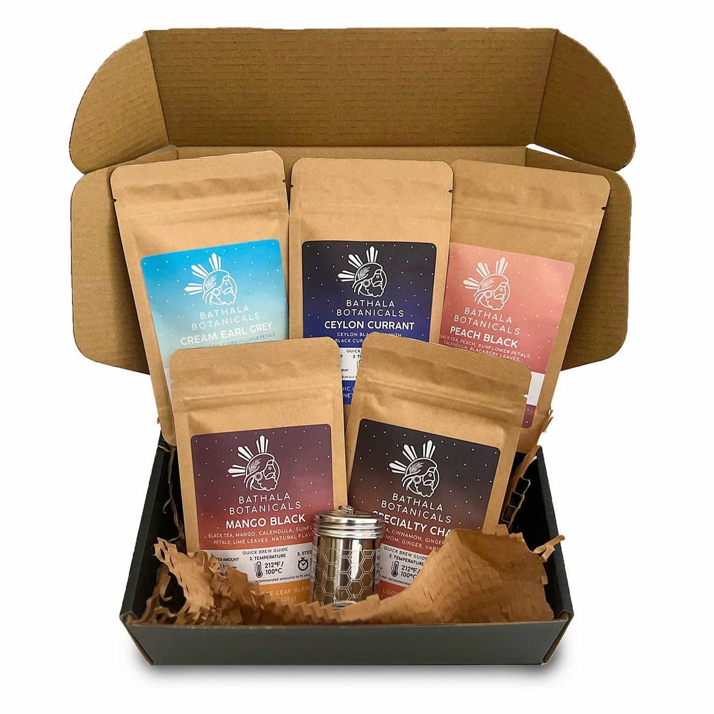 Flavorful Loose Leaf Black Tea Starter Kit Set Bathala Botanicals - Organic Tea Variety Gift Pack - Tea Gift Box Set with Hex Tea Strainer