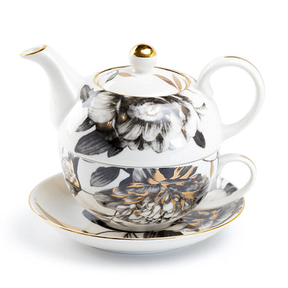 Black & Gold Peony Porcelain Tea for One Set
