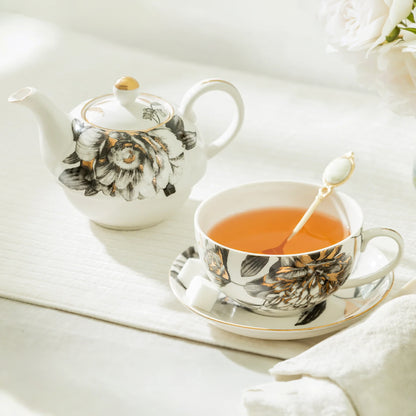 Black & Gold Peony Porcelain Tea for One Set