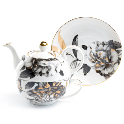 Black & Gold Peony Porcelain Tea for One Set