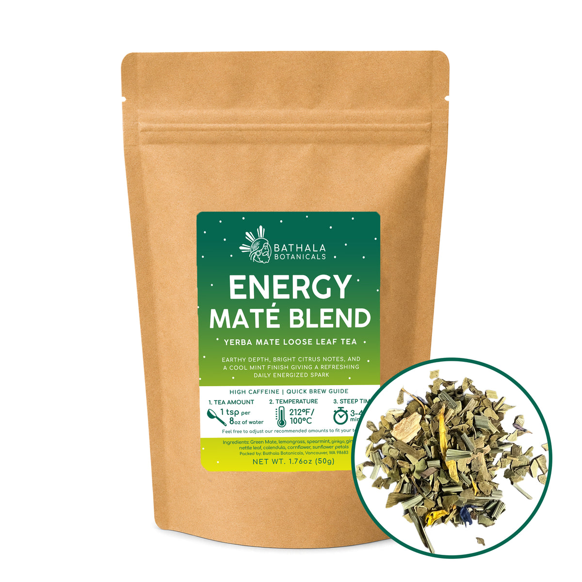 Energy Mate Blend - High-Caffeine Yerba Mate Loose Leaf Herbal Tea with Citrus & Mint