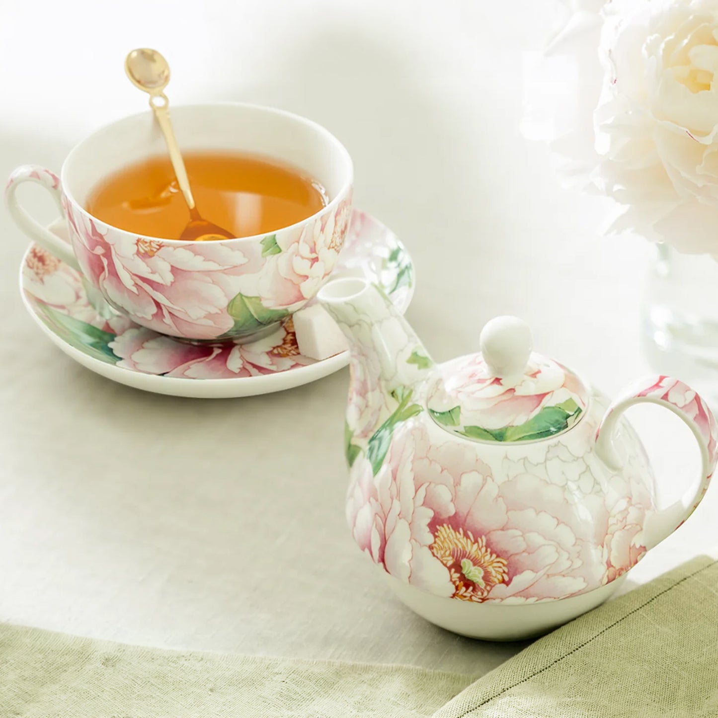 Pink Peony Porcelain Tea for One Set - Tea Pot & Cup Combo