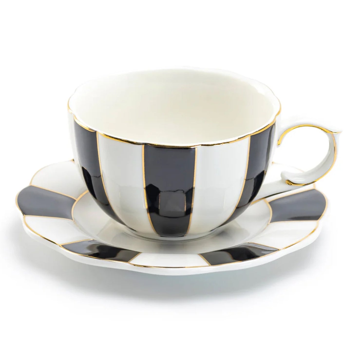 Black and White Striped Scallop Porcelain Tea Cup and Saucer with Gold Trim
