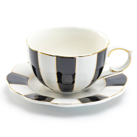 Black and White Striped Scallop Porcelain Tea Cup and Saucer with Gold Trim