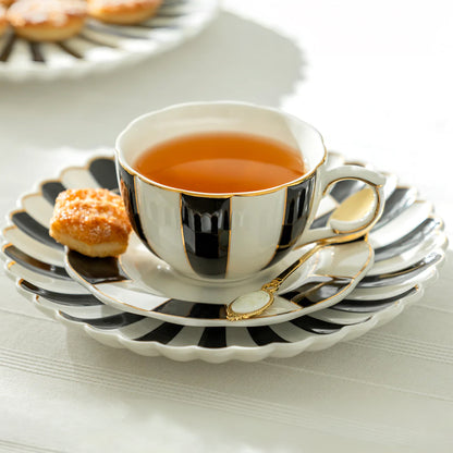 Black and White Striped Scallop Porcelain Tea Cup and Saucer with Gold Trim