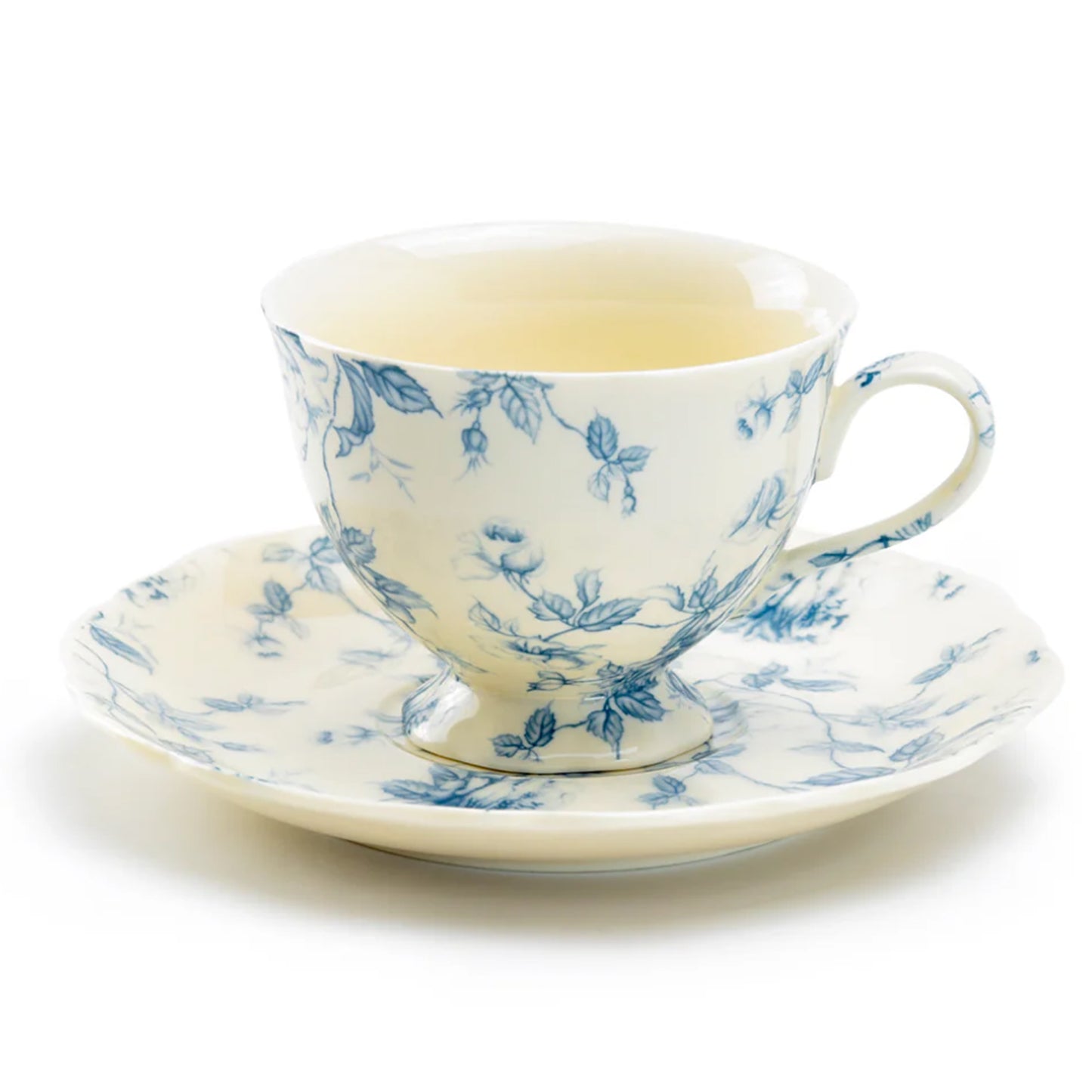 White & Blue Rose Toile Porcelain Tea Cup and Saucer Set