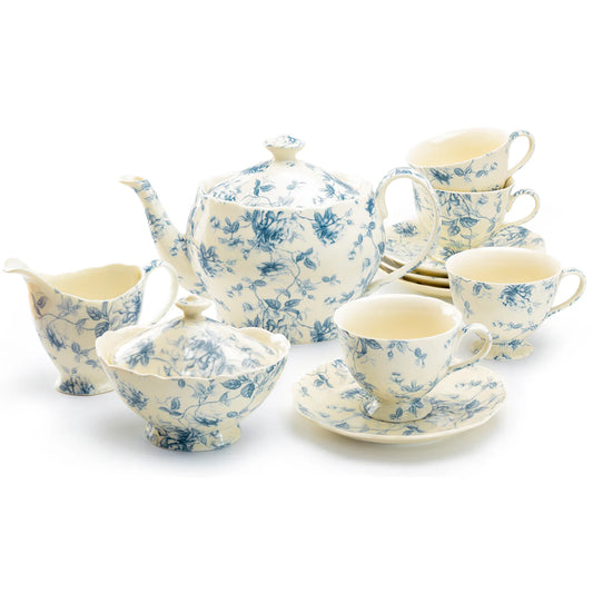 White & Blue Rose Toile Porcelain Tea Time Set