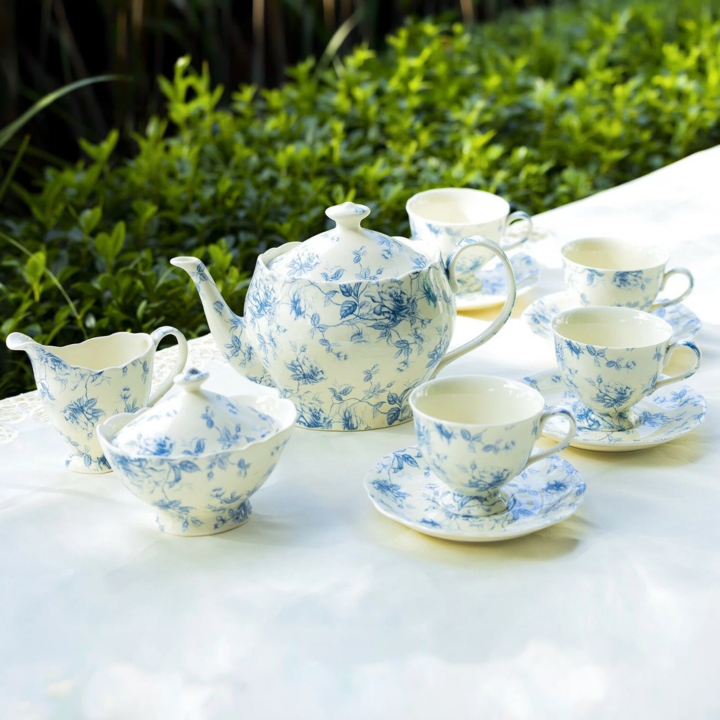 White & Blue Rose Toile Porcelain Tea Time Set