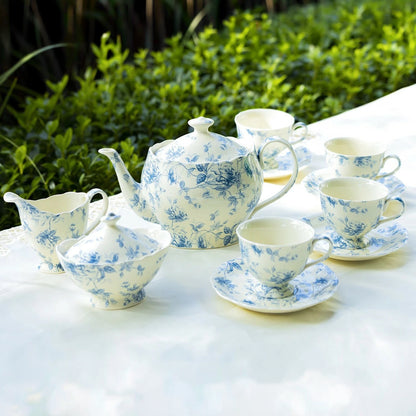 White & Blue Rose Toile Porcelain Tea Time Set