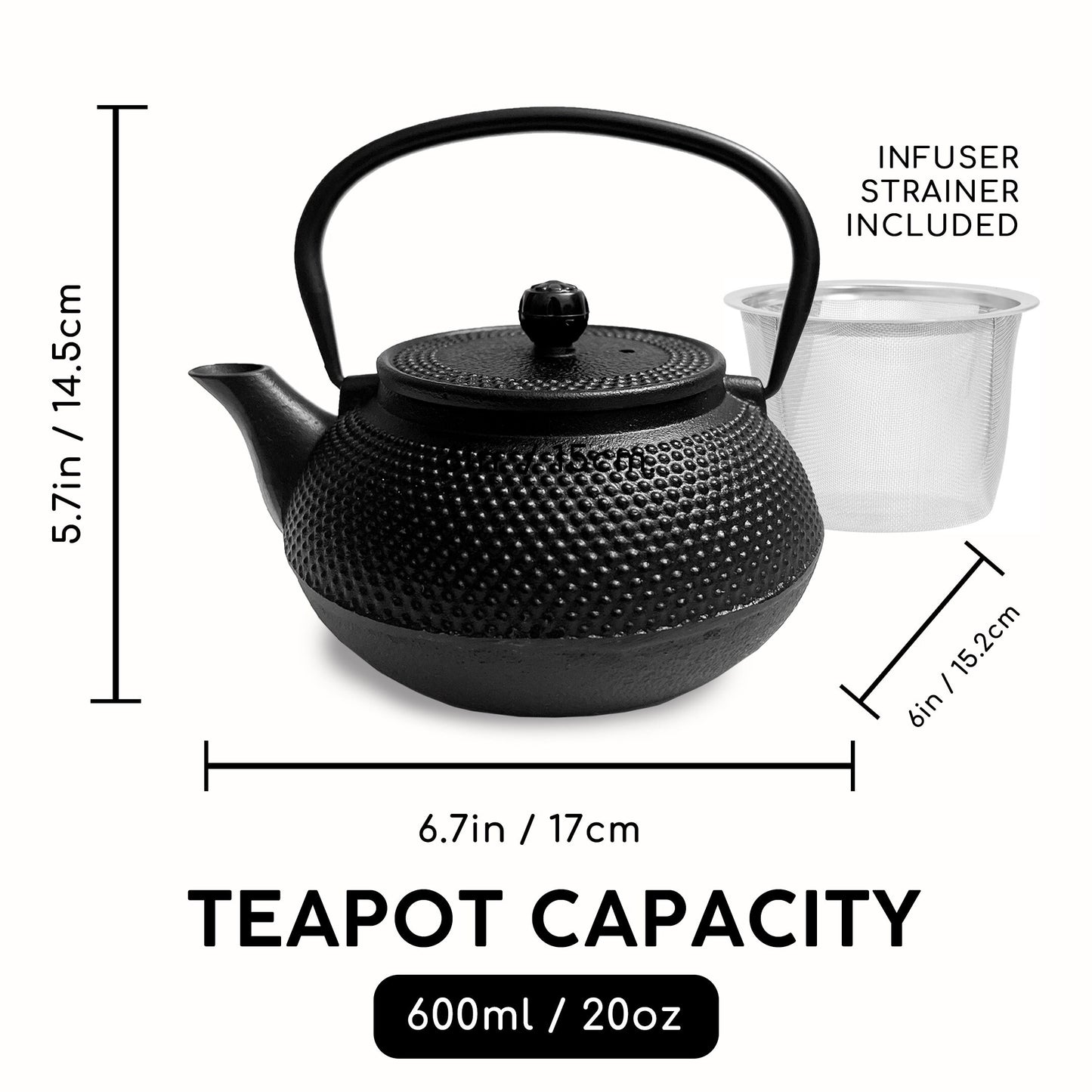 Bathala Botanicals Black Cast Iron Teapot with Stainless Steel Infuser for Loose Tea - 600ml / 20oz Durable Loose Leaf Tea Pot for All Tea