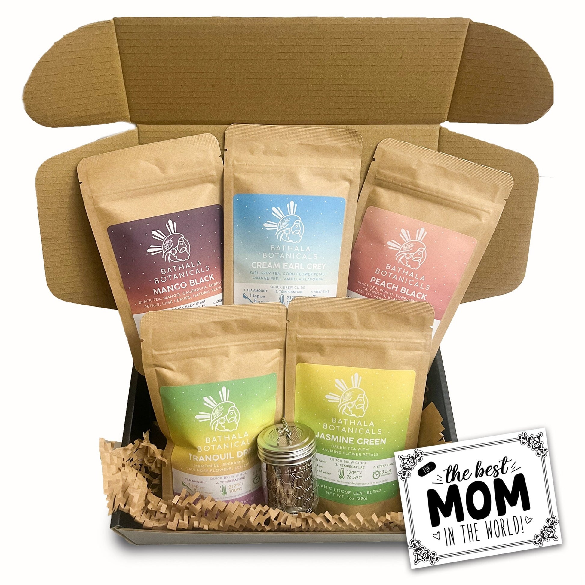 Mother's Day Loose Leaf Tea Gift Sampler Starter Set Bathala Botanicals - Mom Approved Curated Tea - Tea Gift Box Set with Hex Tea Strainer