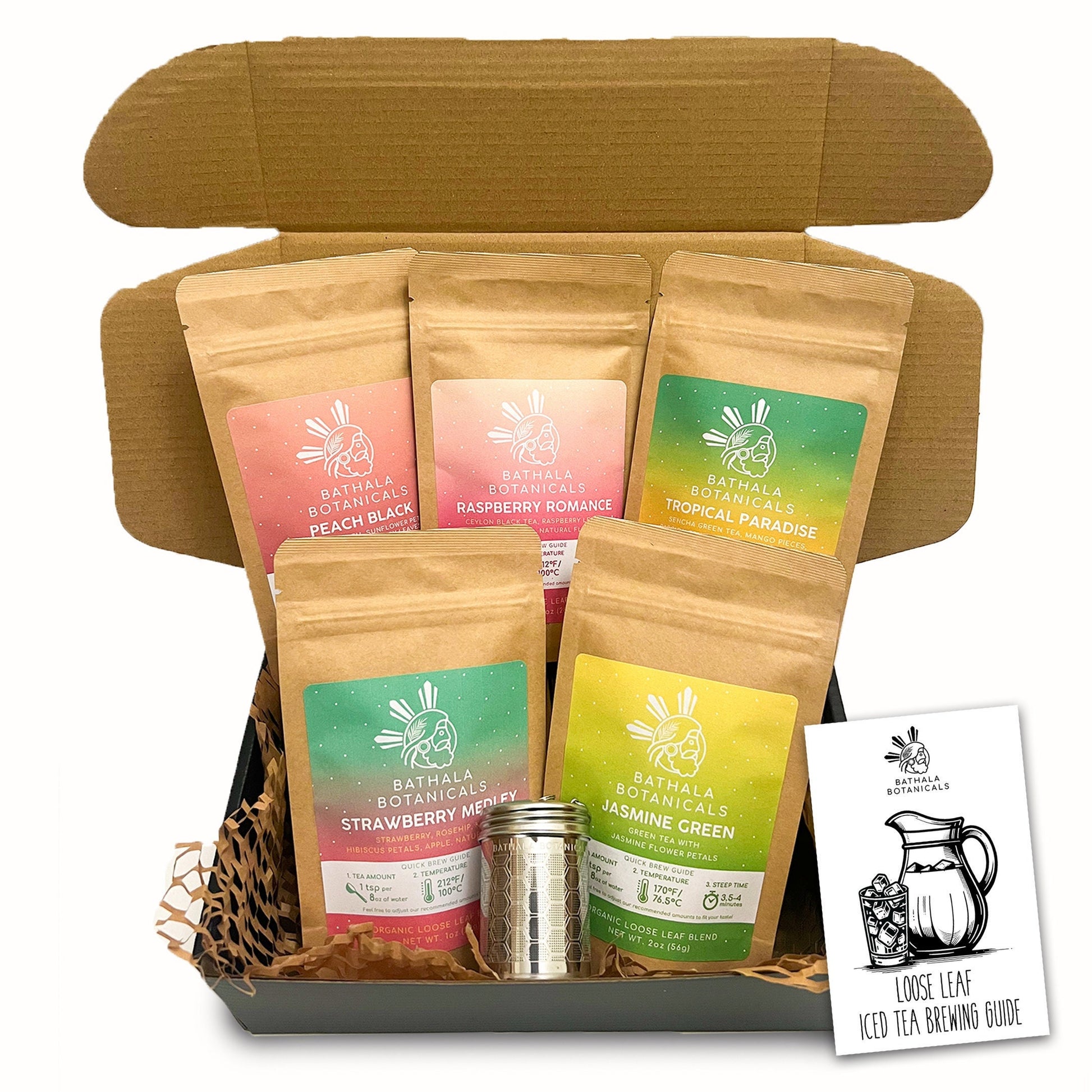 Iced Tea Loose Leaf Tea Gift Box Sampler Starter Set Bathala Botanicals - Summer Iced Tea & Guide - Tea Gift Box Set with Hex Tea Strainer