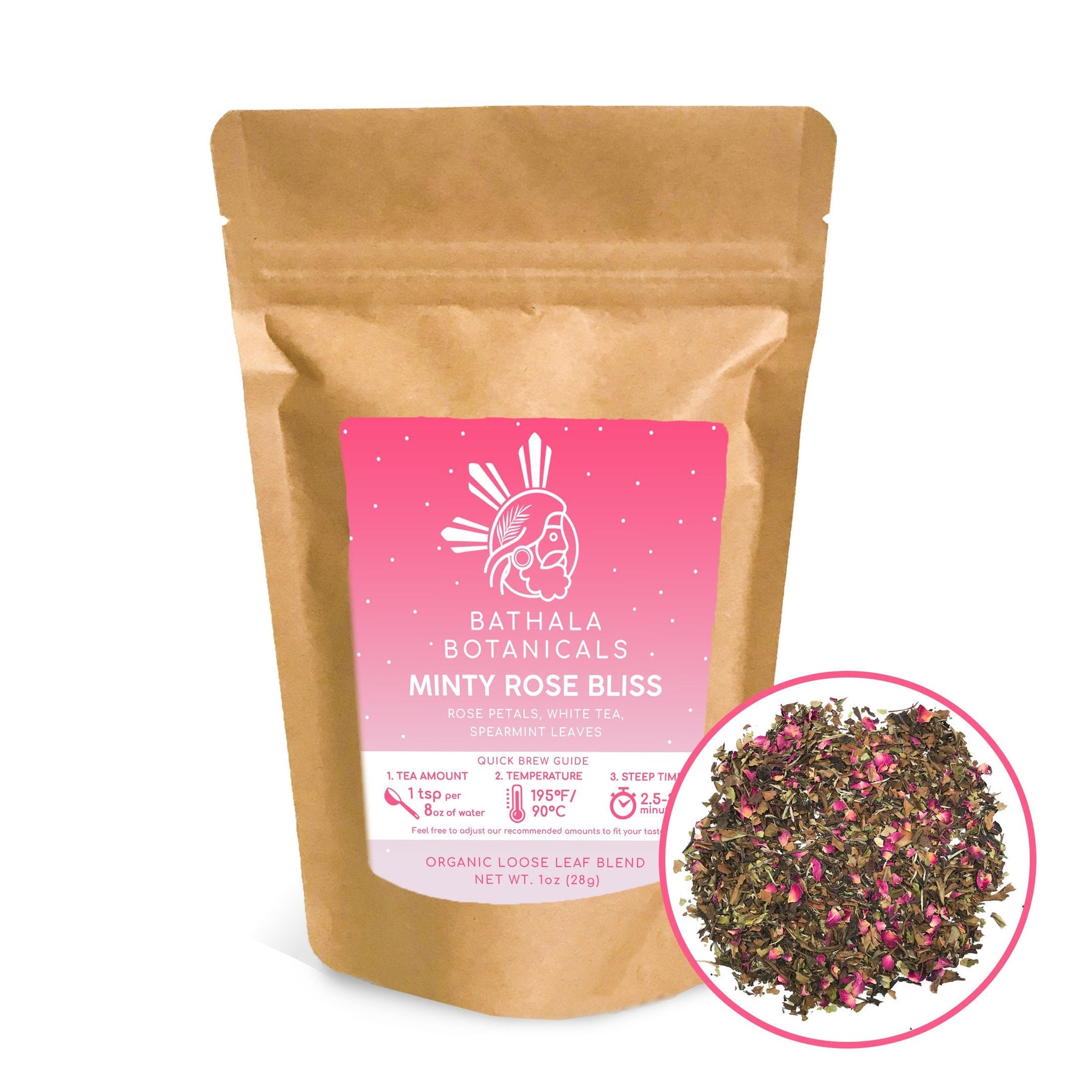 Bathala Botanicals Minty Rose Bliss - Loose Leaf Minty Rose Bliss White Tea - 1oz | 2oz| 4oz Tea Pack - White Tea Gift - Premium White Tea